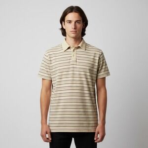 String Theory Mens Striped Polo Shirt Beige Brown Short Sleeve Cotton Size M
